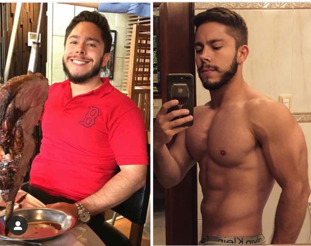 David Vega antes y después de su transformación física.